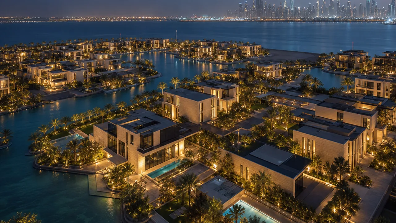 Aerial view of a Dubai waterfront villa development