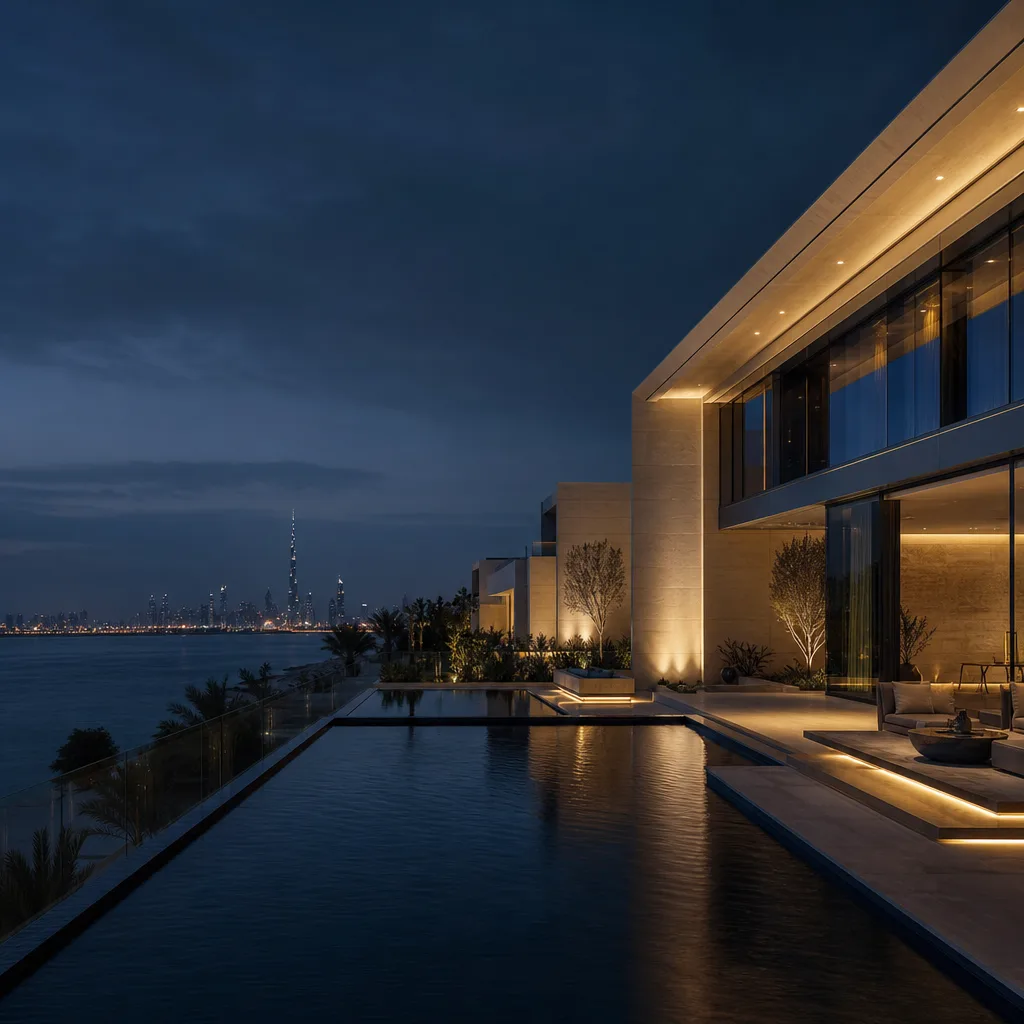 Luxury Dubai waterfront villa at blue hour